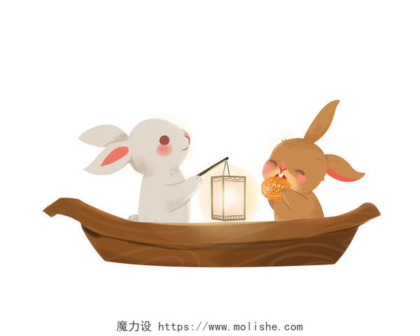 中秋中秋节手绘卡通中秋节兔子划船灯笼PNG素材